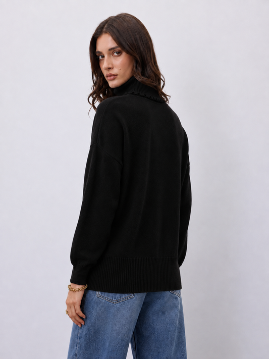A woman wearing a black knit sweater with a high ruffled mock neck, shown from a three-quarter back view against a light gray studio background.