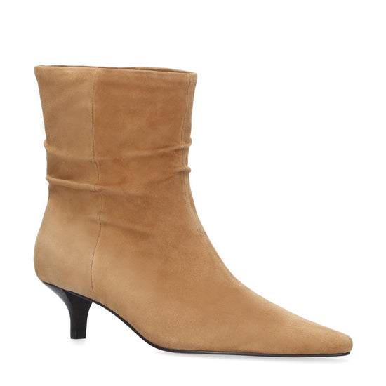 A tan suede ankle boot with a pointed toe and a low black kitten heel, shown from a side profile on a white background.