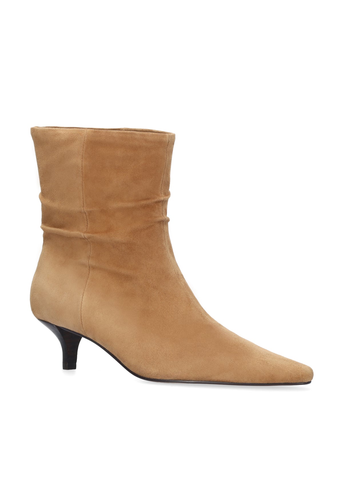 A tan suede ankle boot with a pointed toe and a low black kitten heel, shown from a side profile on a white background.