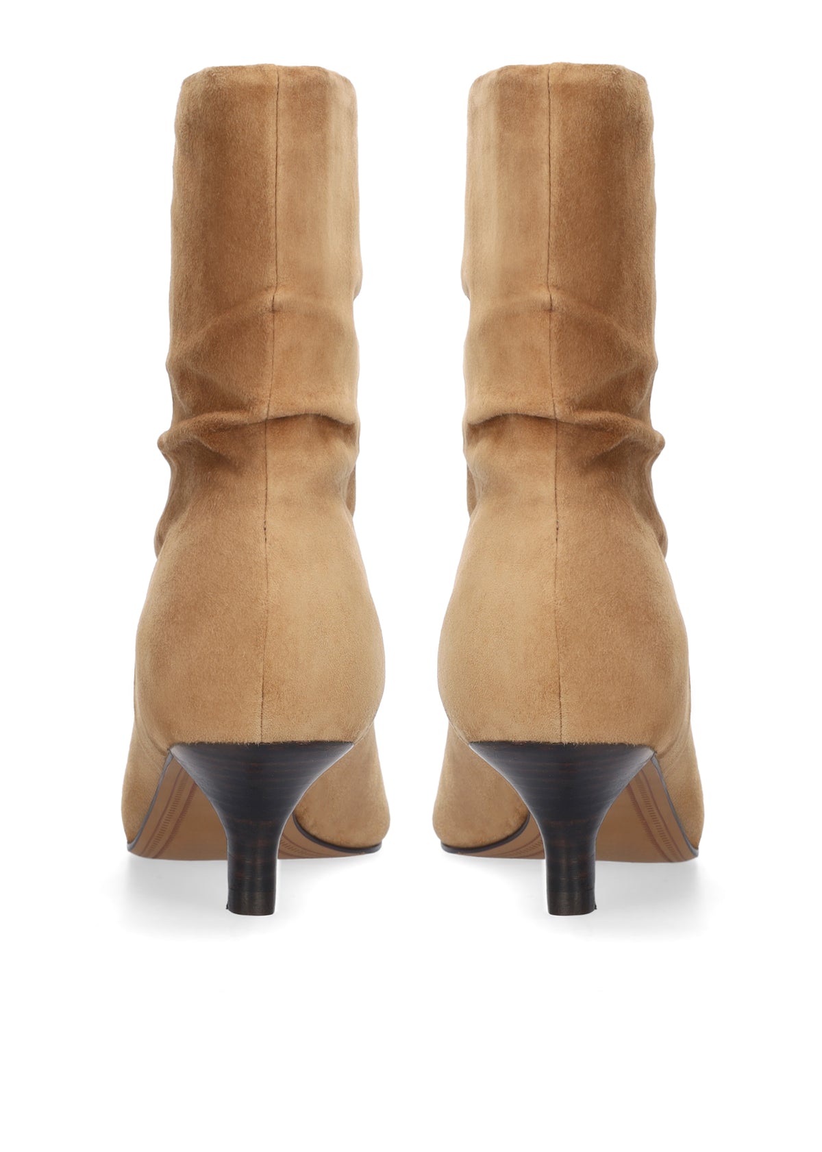A pair of tan suede mid-calf boots with black kitten heels, shown from the back on a white background.