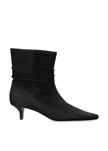 A single black suede ankle boot with a pointed toe and a short kitten heel, shown from a side profile on a plain white background.