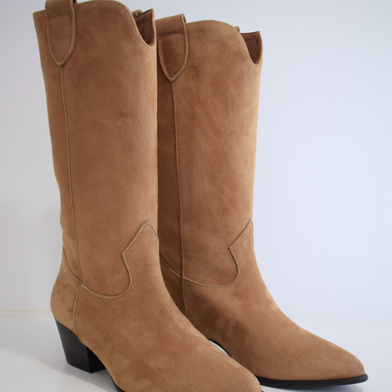 Sand coloured medium length pull on suede western inspired boot