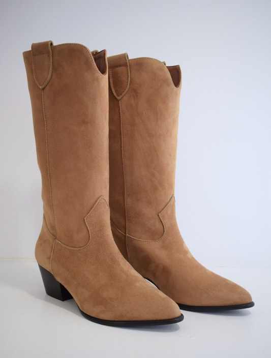 Sand coloured medium length pull on suede western inspired boot