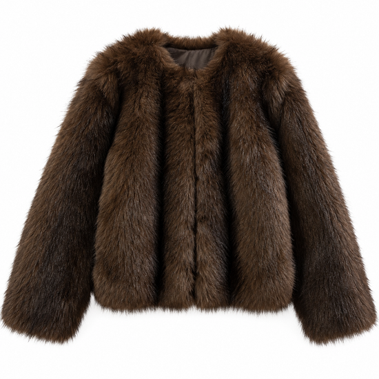 A dark brown faux fur jacket with a wide collar and long sleeves, shown against a plain white background.