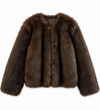 A dark brown faux fur jacket with a wide collar and long sleeves, shown against a plain white background.