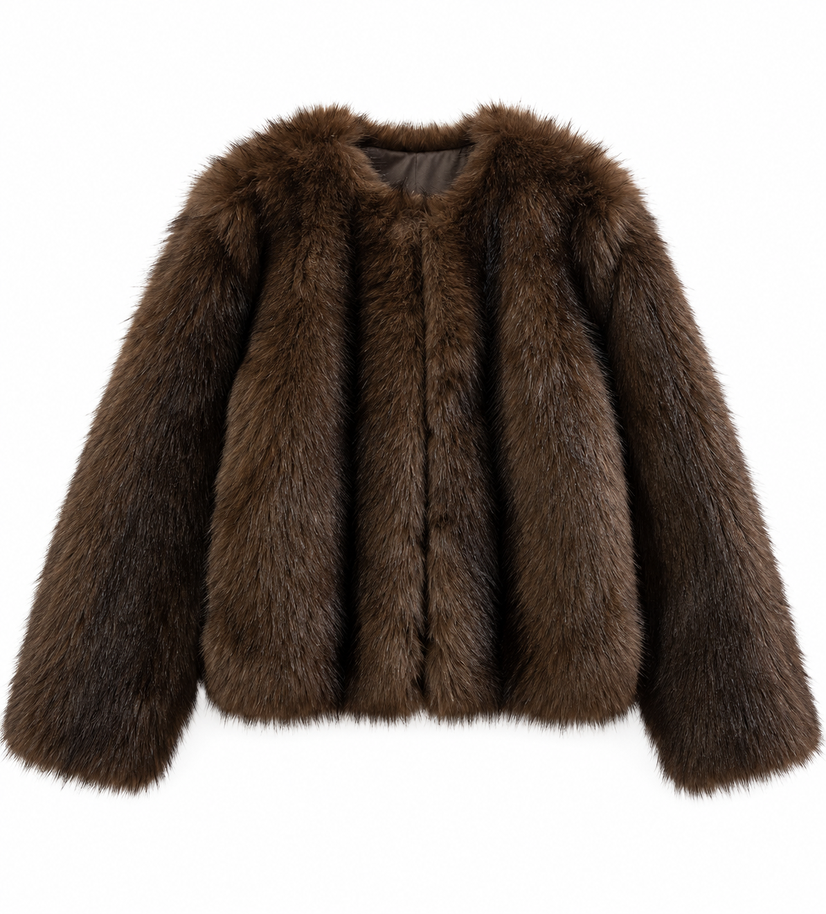 A dark brown faux fur jacket with a wide collar and long sleeves, shown against a plain white background.
