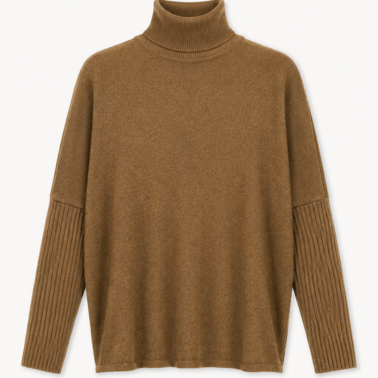 flat lay image of a mocha coloured roll neck on a plain white background 