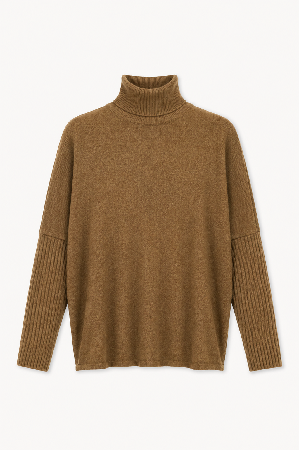 flat lay image of a mocha coloured roll neck on a plain white background 