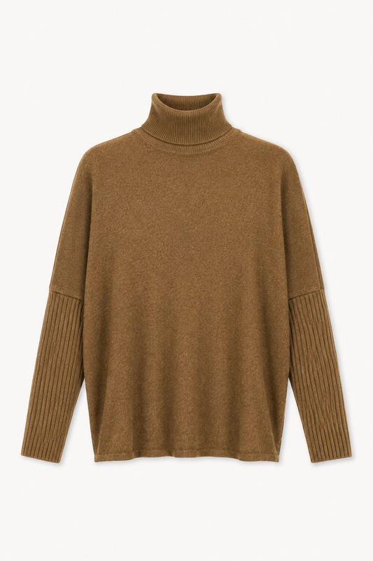 flat lay image of a mocha coloured roll neck on a plain white background 