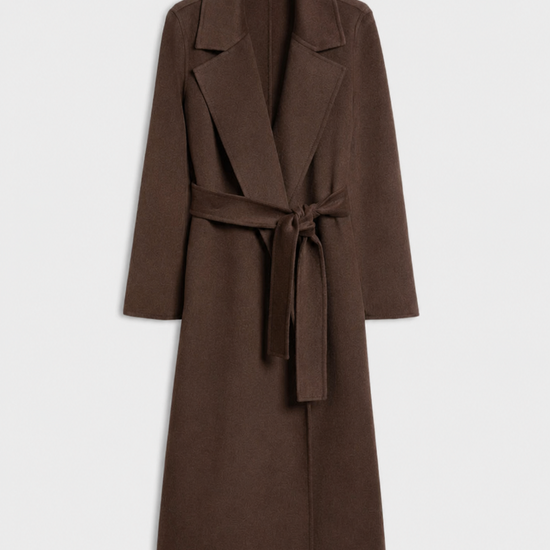 flat lay of a brow long wool look coat with a tie at the waist 