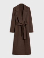 flat lay of a brow long wool look coat with a tie at the waist 