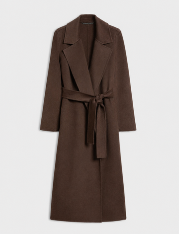 flat lay of a brow long wool look coat with a tie at the waist 