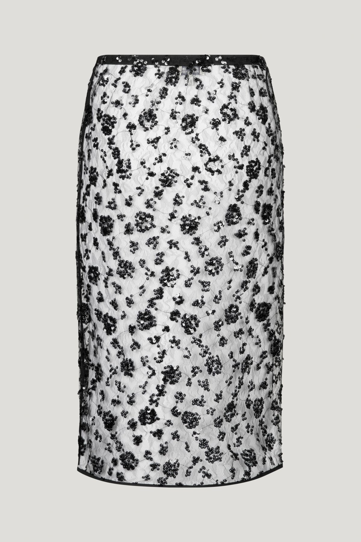 Midi black sheer pencil skirt with all over sequin embellishment