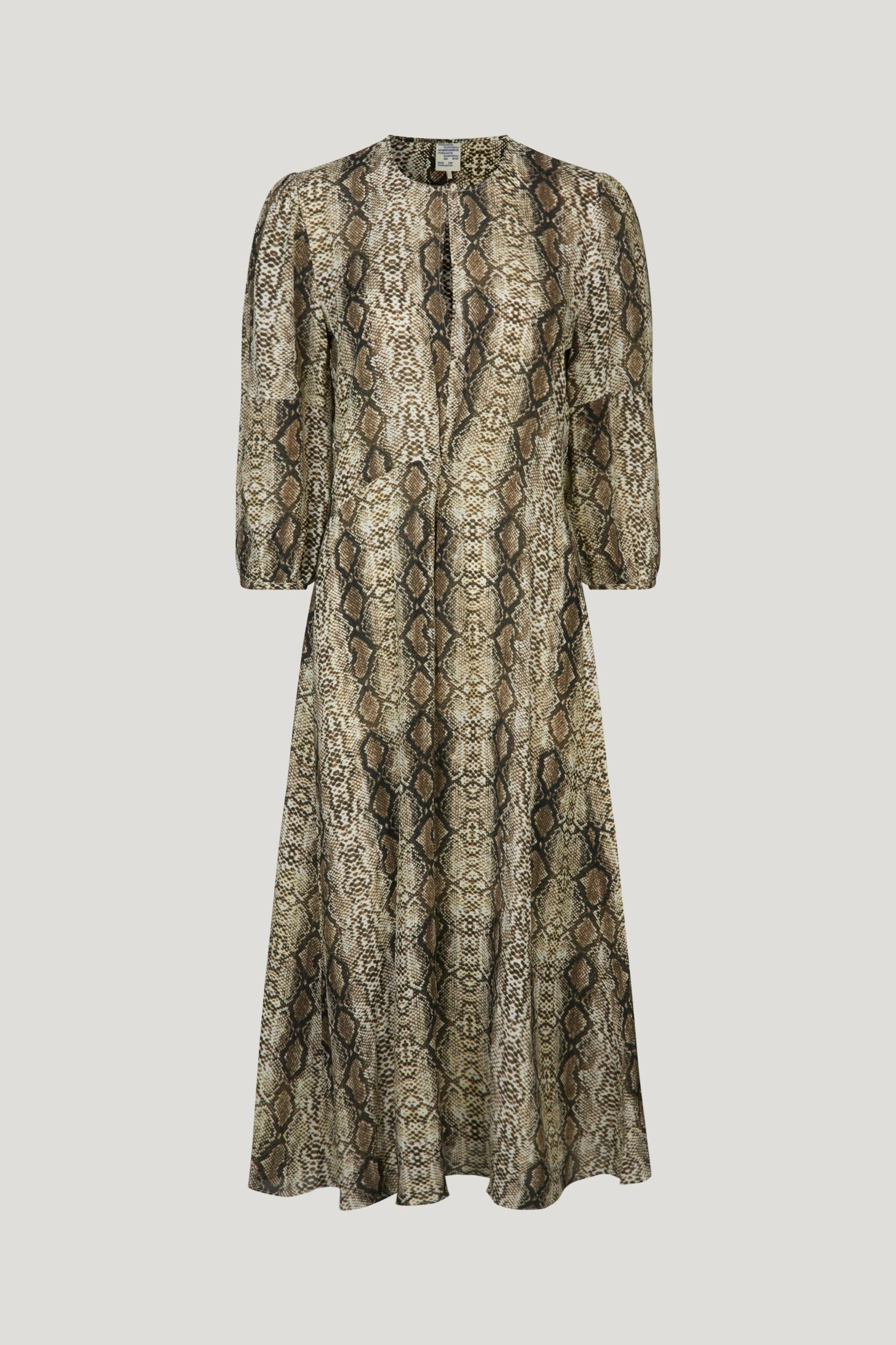 Snake print midi dress with crew neckline and bracelet length sleeves