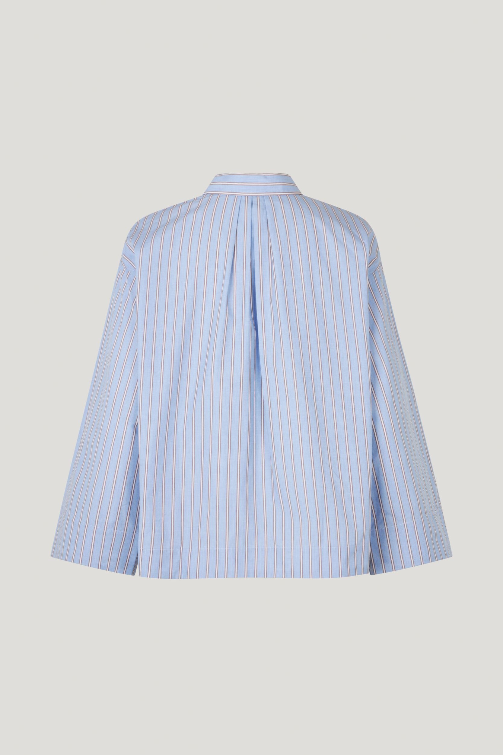 Blue and white pin striped shirt with classic collar full length placket and button fastening with wide sleeves