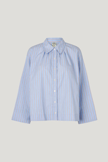 Blue and white pin striped shirt with classic collar full length placket and button fastening with wide sleeves