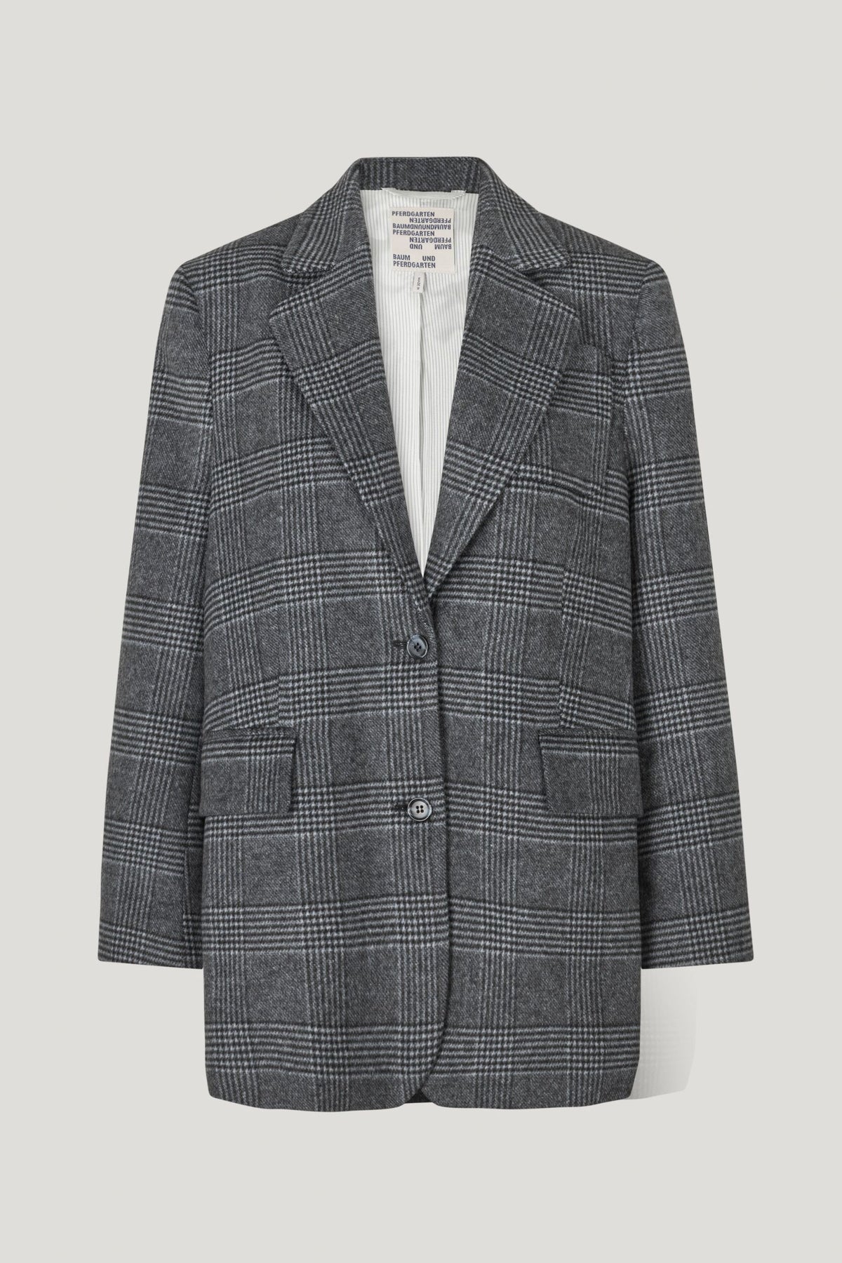 Grey check single breasted blazer with flap pockets and contrasting stripe lining