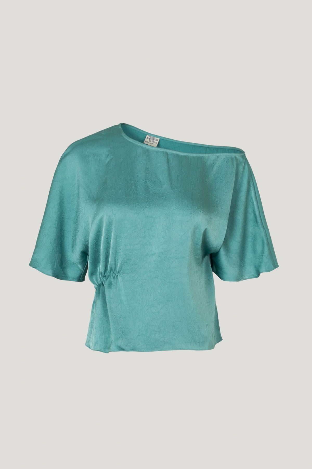 Asymmetrical blue green textured satin short sleeved top with elasticated side detail