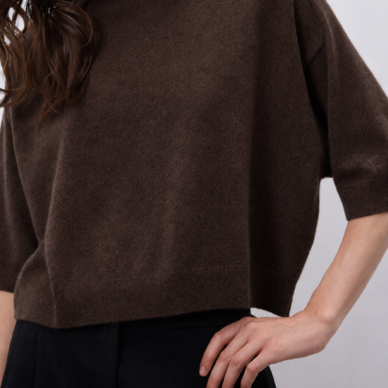 model wearing a dark brown short sleeve knit, with black trousers on a plain background 