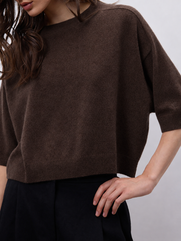 model wearing a dark brown short sleeve knit, with black trousers on a plain background 