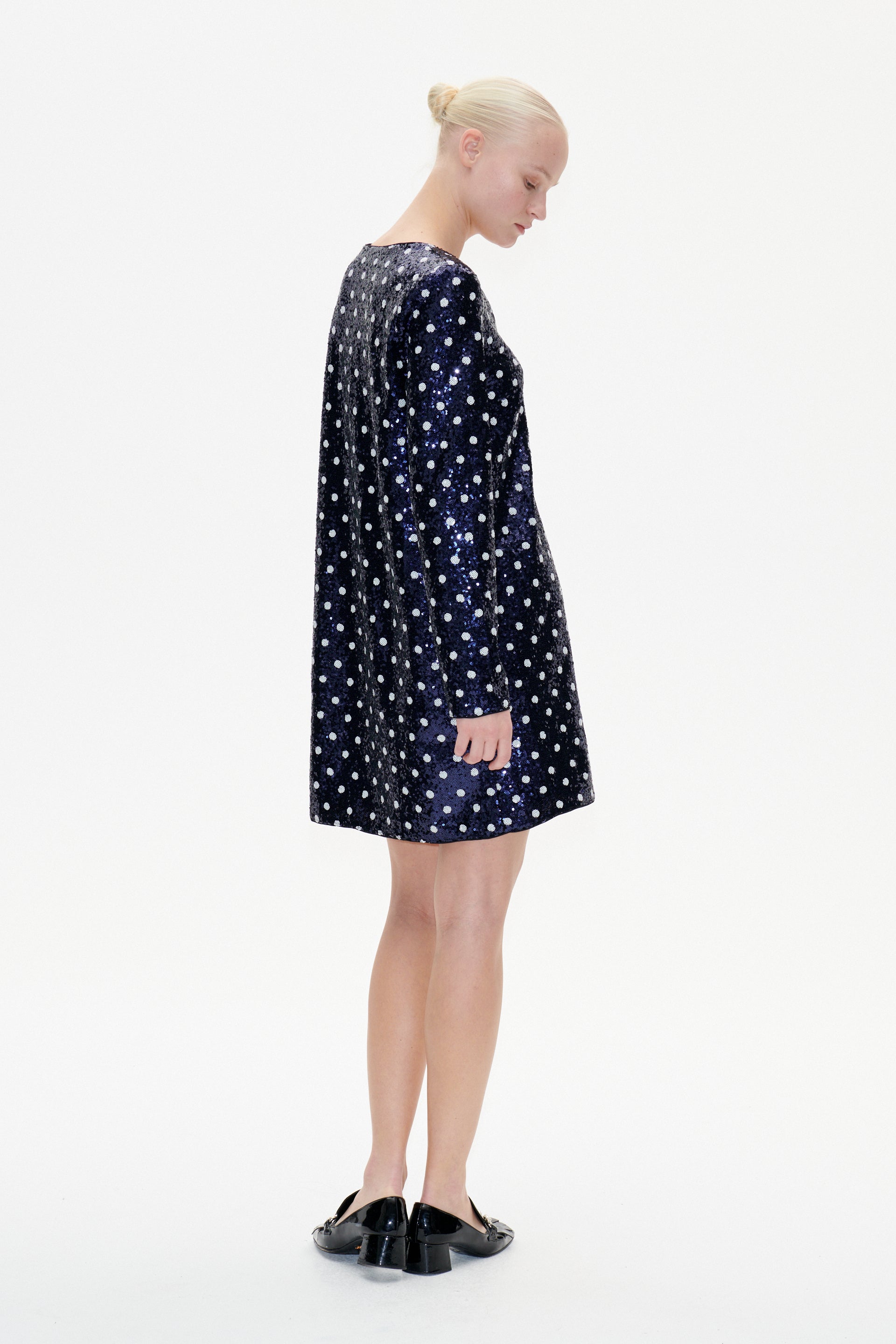 V neck short sequin shift dress with navy sequins and white dots with long sleeves