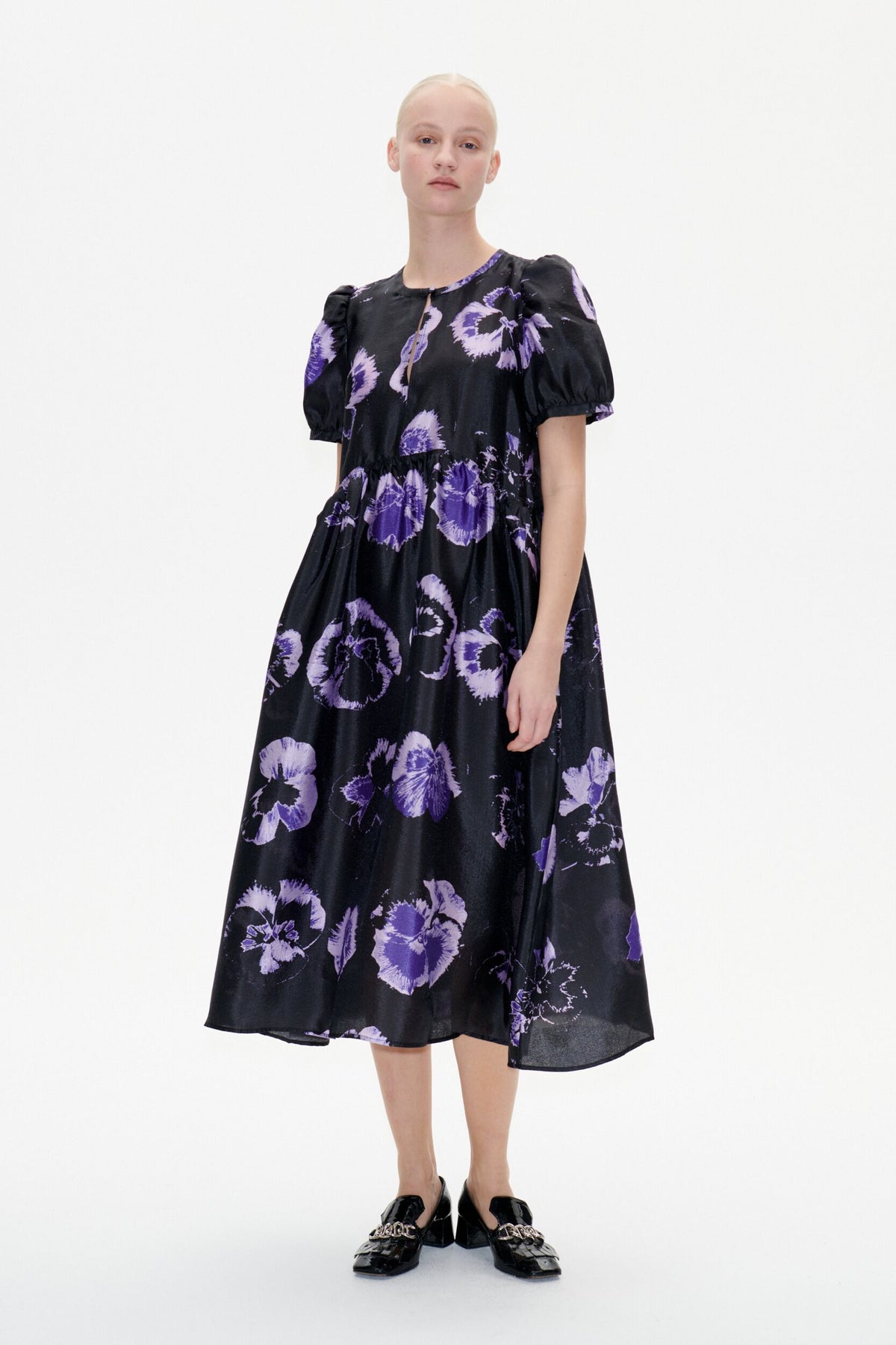 Black midi full dress with purple pansies short puff sleeves and round neck