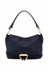 Navy handbag with gold accents on a white background