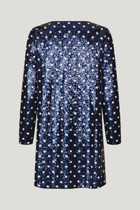 V neck short sequin shift dress with navy sequins and white dots with long sleeves
