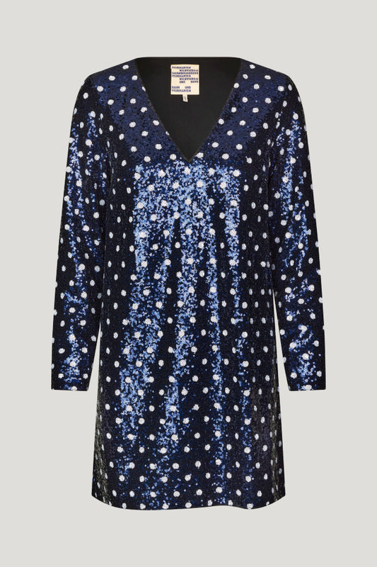 V neck short sequin shift dress with navy sequins and white dots with long sleeves