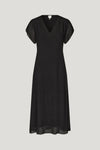 Black V neck midi dress with short tulip sleeves and a textured fabric