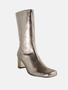 Gold snake-effect leather mid-length rounded square toe block heeled boot