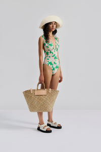 Green floral plunge neck swimming costume
