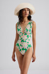 Green floral plunge neck swimming costume