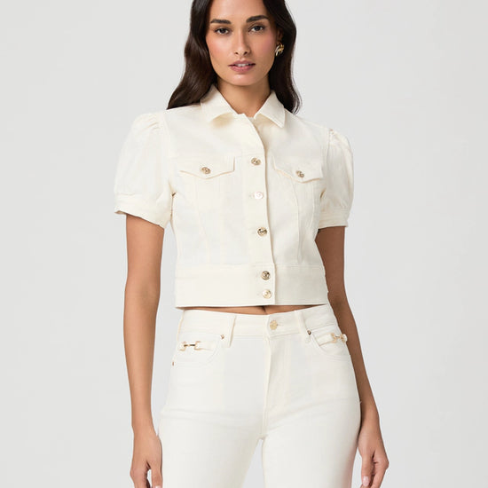 Short sleeve ecru denim jacket with gold toned buttons