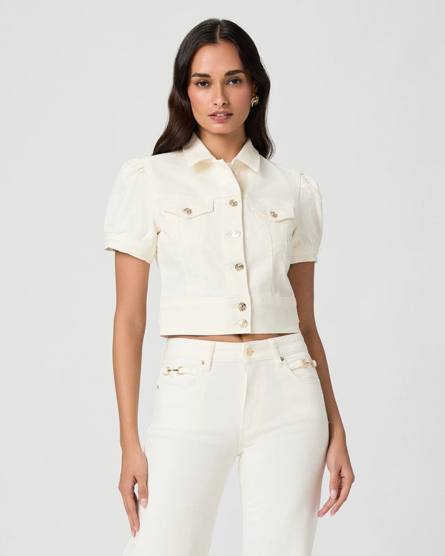 Short sleeve ecru denim jacket with gold toned buttons