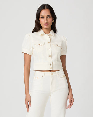 Short sleeve ecru denim jacket with gold toned buttons