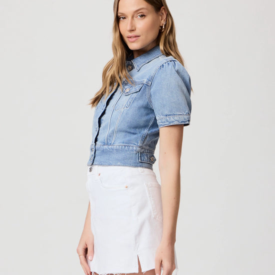 short sleeve pale wash denim jacket from the side