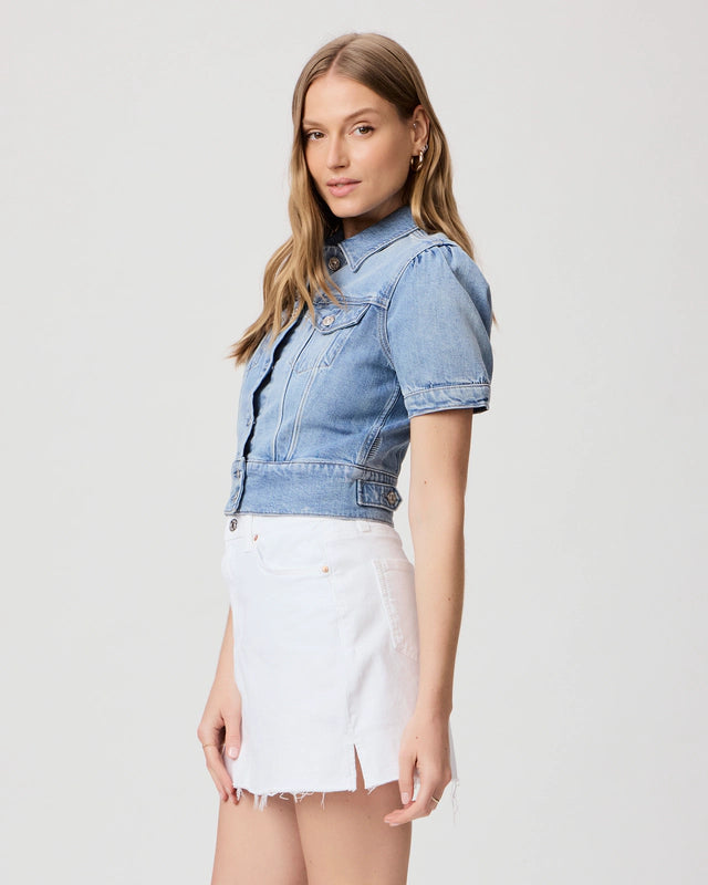 short sleeve pale wash denim jacket from the side