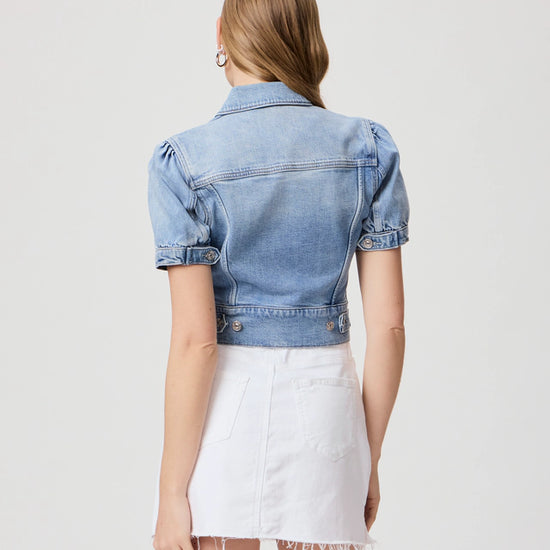 short sleeve pale wash denim jacket rear view