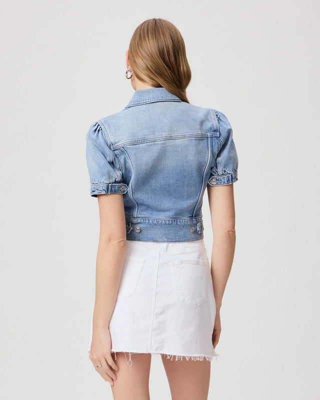 short sleeve pale wash denim jacket rear view