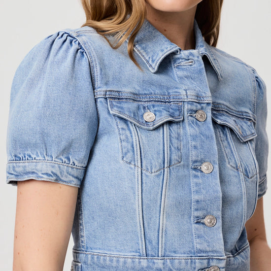 short sleeve pale wash denim jacket close up