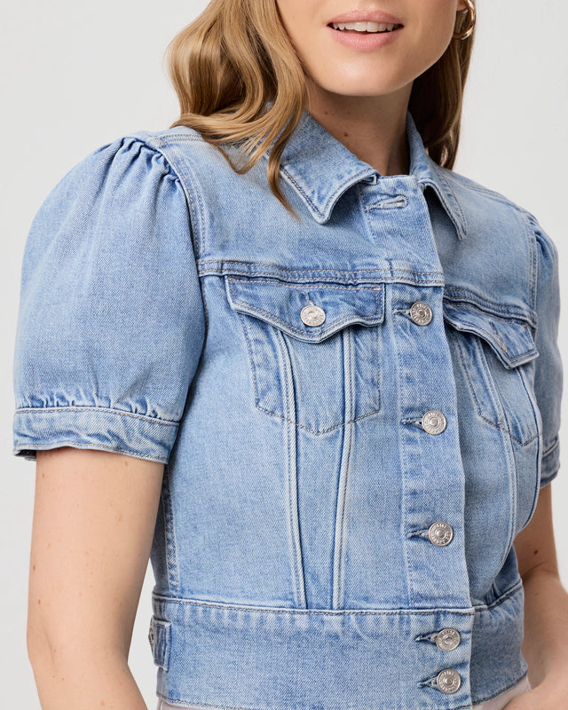 short sleeve pale wash denim jacket close up