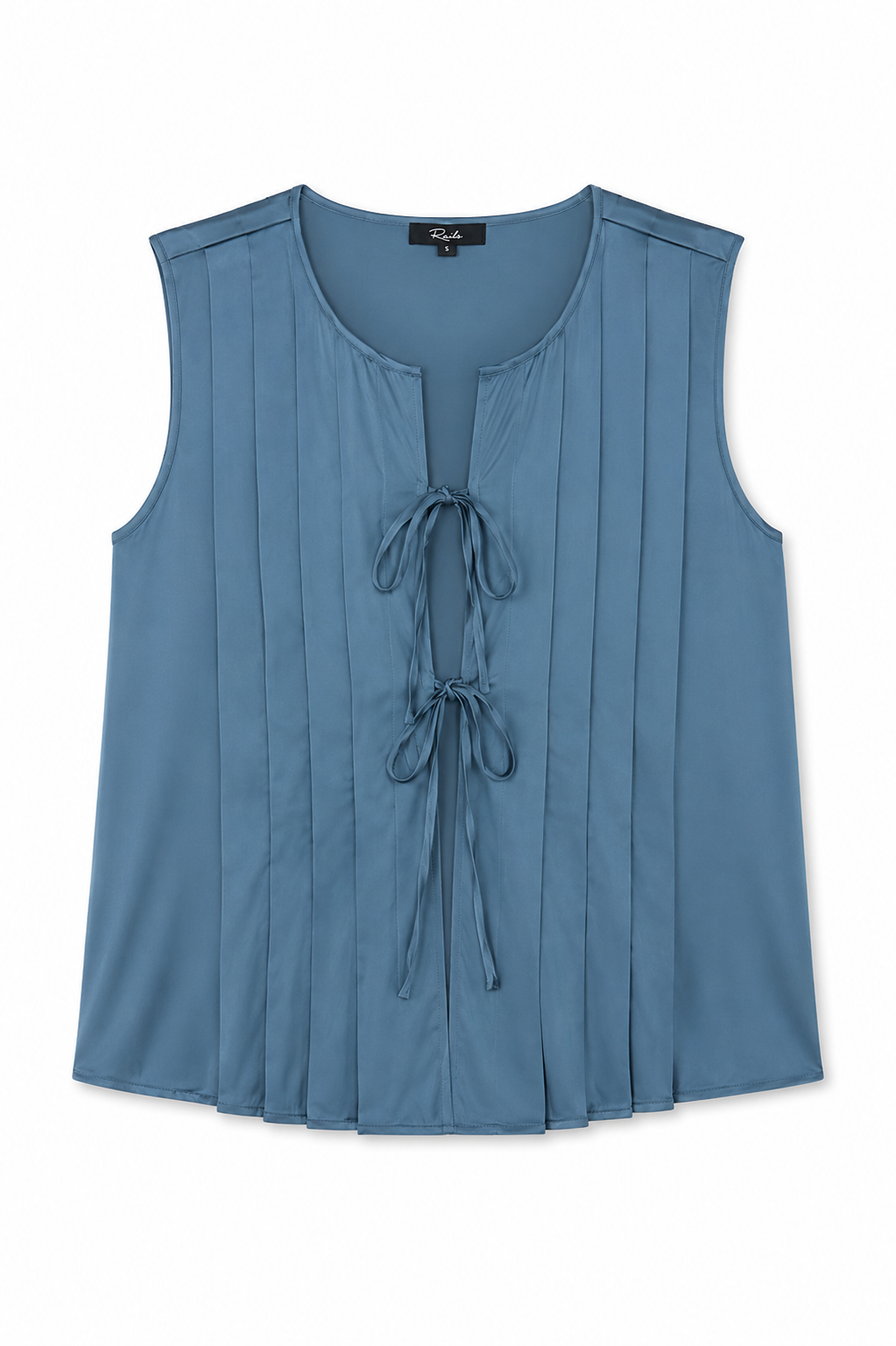 flat lay of a blue satin tie front sleeveless top on a white background 