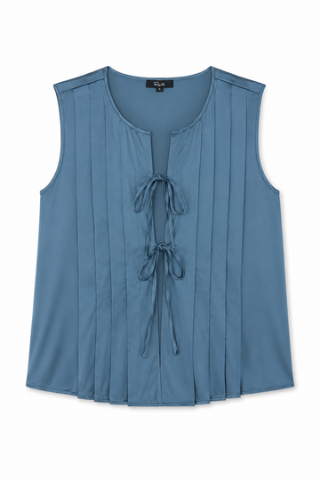 flat lay of a blue satin tie front sleeveless top on a white background 