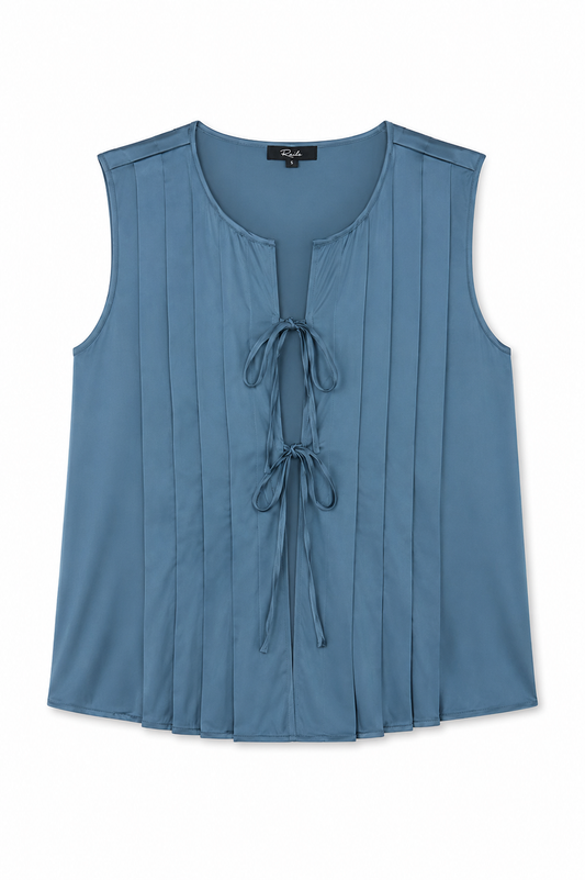 flat lay of a blue satin tie front sleeveless top on a white background 