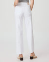 Straight cut white jeans with a high rise rear view