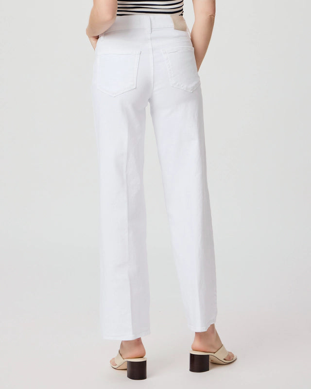 Straight cut white jeans with a high rise rear view