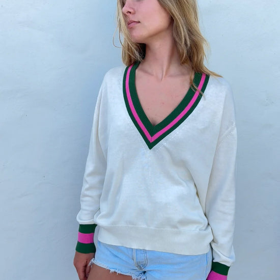 Cream cashmere blend cricket style knit with green and pink trim detail