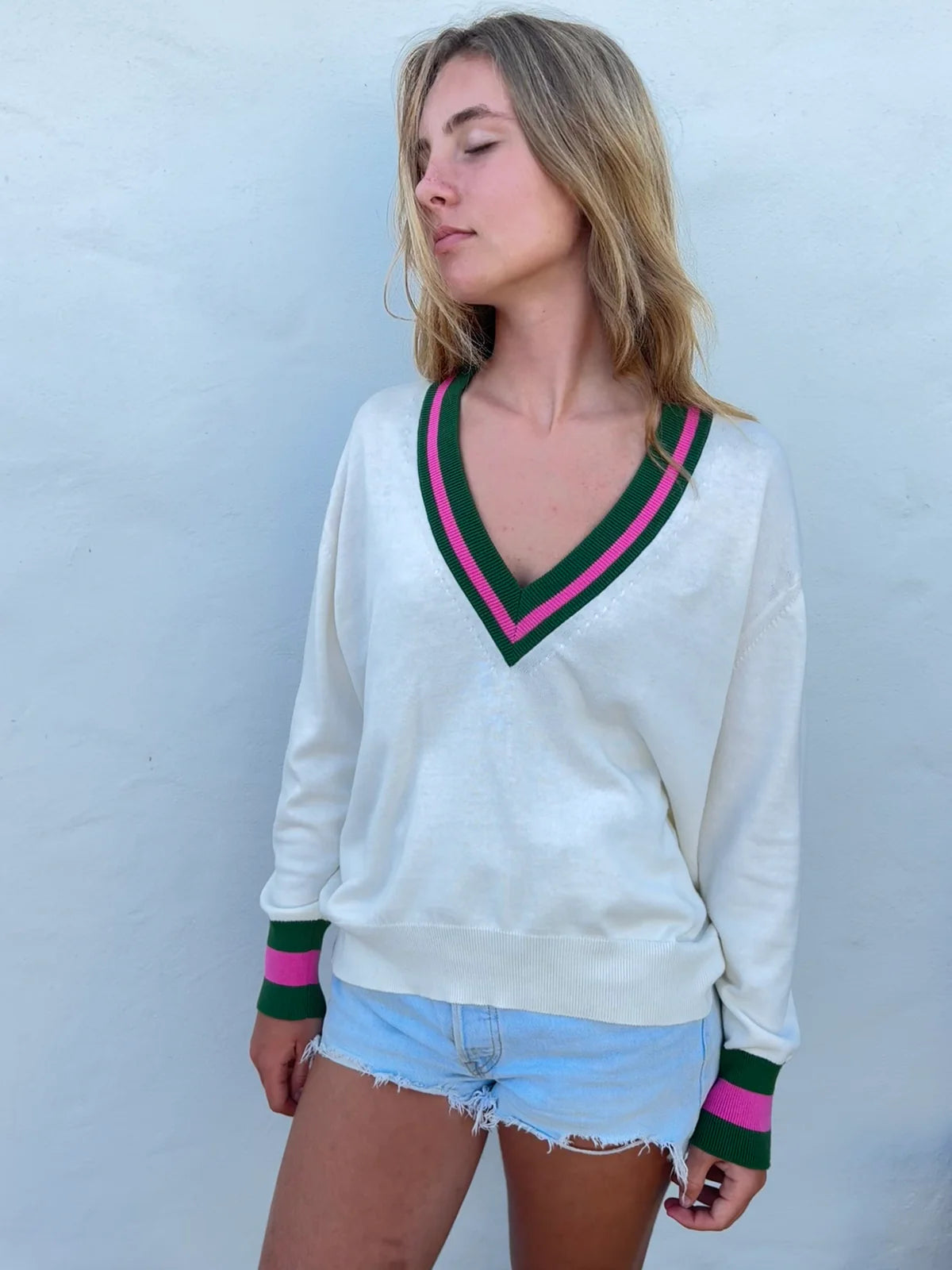 Cream cashmere blend cricket style knit with green and pink trim detail