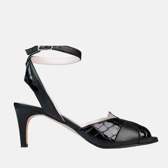 black mid height toeless sandal with ankle strap and matt and mock-croc leather ankle strap